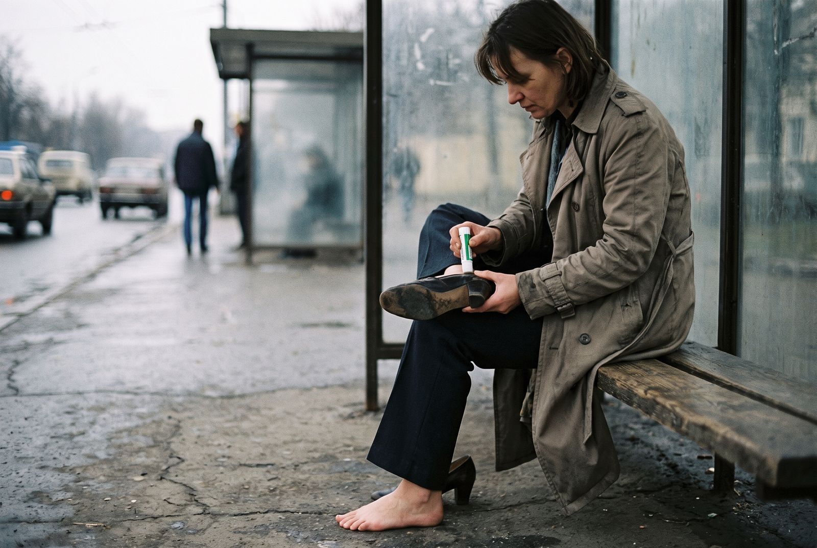 A woman on a bus stop bench glues the heel back onto her shoe with a glue stick.